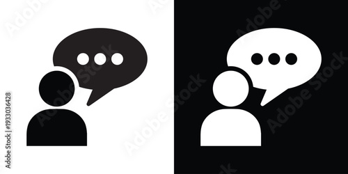 Profile icon of a human figure with a speech bubble featuring text lines. Symbolizes communication, speaking, customer support, giving a statement, or verbal interaction for web and app UI.