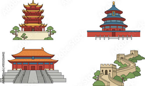 Chinese cultural landmarks illustration featuring traditional pagoda, Temple of Heaven, imperial palace architecture and Great Wall icons in flat design style