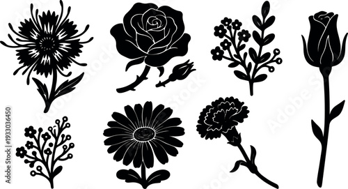 Flat design botanical silhouette set featuring rose bud long stem daisy carnation chrysanthemum floral sprigs isolated on white vector background