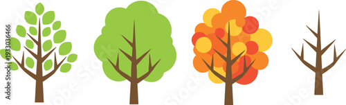 Flat vector illustration showing four seasonal trees representing spring summer autumn and winter phases with colorful foliage and bare branches isolated on white background.