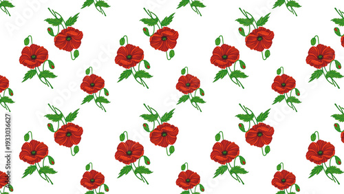 Poppies Isolated Hand Drawn Pattern Red White Flowers Leaves Love Heart Romantic Girly Textile Seamless No Background Transparent Floral Design Graphic repeated editable