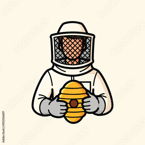 A cartoon depiction of a beekeeper in protective gear holding a stylized, yellow beehive. The background is a pale, neutral color