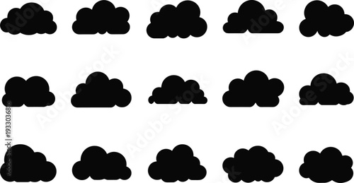 Cloud Silhouette Icon Set with Various Cartoon and Flat Cloud Shapes Isolated on White Background for Weather, Sky and Design Concepts