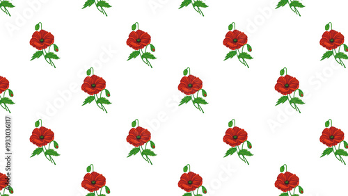Poppies Isolated Hand Drawn Pattern Red White Flowers Leaves Love Heart Romantic Girly Textile Seamless No Background Transparent Floral Design Graphic repeated editable