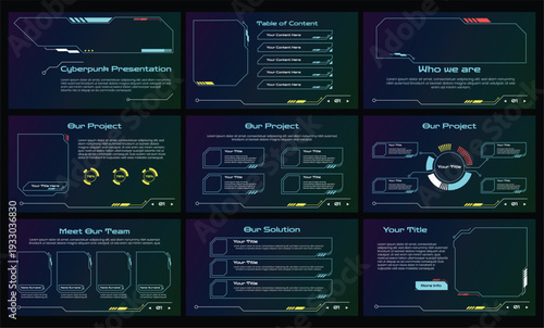 Futuristic presentation template for company. Cyberpunk style pitch deck for presentation.