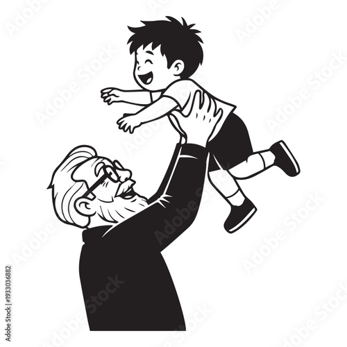 Happy grandfather lifting little boy in air, joyful moment