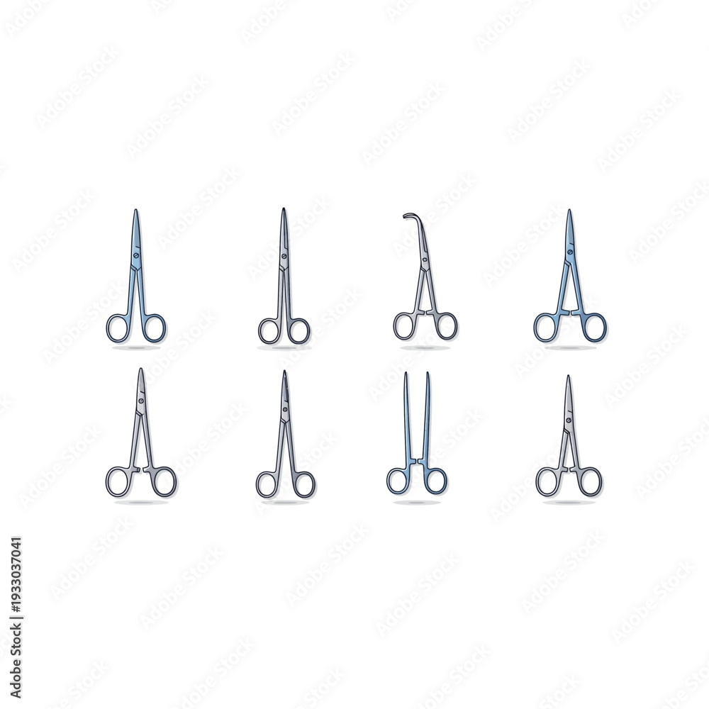 Naklejka premium Various Surgical Forceps and Scissors Isolated on White Background