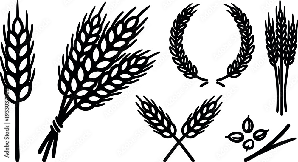 Fototapeta premium Minimalist line art wheat and laurel wreath bundle set black silhouettes close up agricultural icons flat vector illustration isolated simple