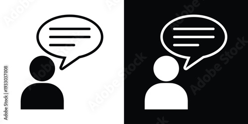 Minimalist vector icon of a person with a round thought bubble containing three dots. Represents thinking, processing, internal dialogue, and psychological reflection in a clean flat style.