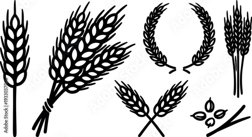 Minimalist line art wheat and laurel wreath bundle set black silhouettes close up agricultural icons flat vector illustration isolated simple