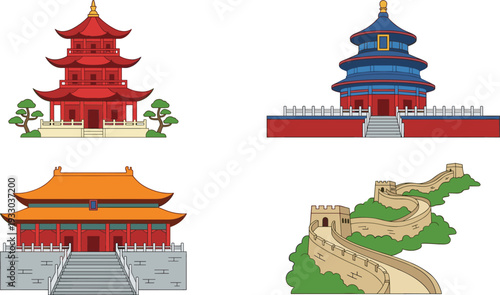 Chinese famous landmarks illustration featuring traditional temples, pagoda architecture and Great Wall cultural heritage icons in flat design style