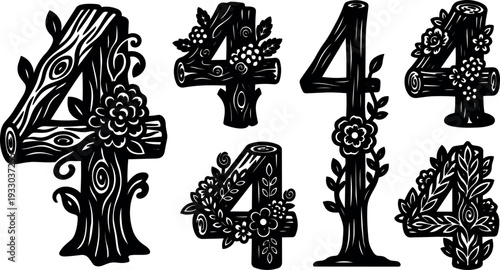 Woodcut style decorative number four set with log texture floral ornaments close up black and white ornate silhouette vector art