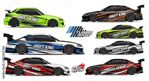 Six colorful drift racing cars with unique designs and graphics.