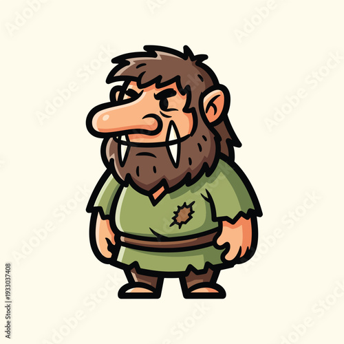 A cartoon character with a large nose, fangs, beard, and tattered clothing stands against a plain background