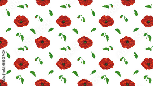 Poppies Isolated Hand Drawn Pattern Red White Flowers Leaves Love Heart Romantic Girly Textile Seamless No Background Transparent Floral Design Graphic repeated editable