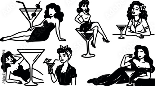 Retro pinup vector women lounging and sitting on martini glasses holding cocktails vintage bar scene bold graphic style high contrast