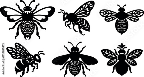 Folk art vector set of six decorative bee silhouettes with ornamental patterns close up top view bold black contrast flat