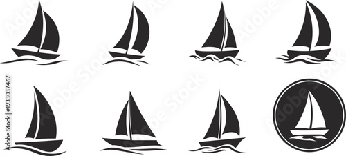 Sailboat silhouette icon collection isolated on white background, sailing yacht and sea boat logo set with waves, nautical transport symbols for marine design projects.