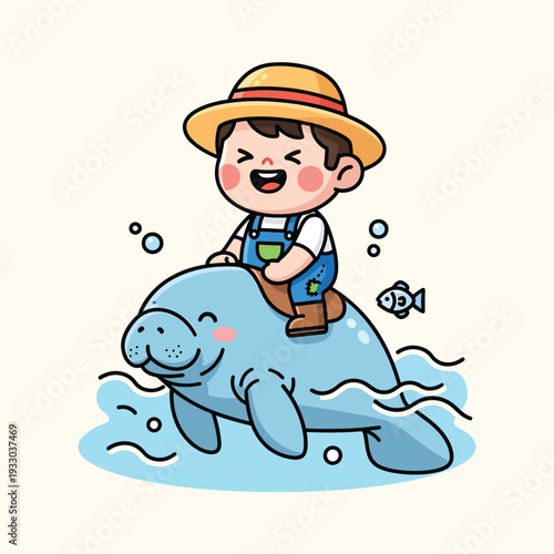 A cartoon boy wearing overalls and a hat happily rides a friendly, blue manatee through calm, blue waters. A small fish swims nearby