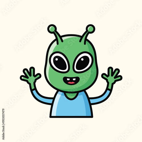 A cartoon alien, green with large eyes and antennae, is smiling and waving its arms. It wears a blue shirt and is against a cream background