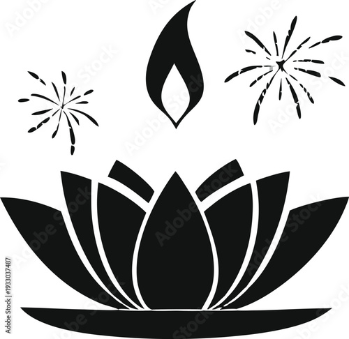 Black Lotus Flower with Candle Flame and Fireworks Vector Illustration