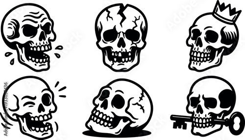 Tattoo flash skull sticker set with six variations laughing cracked crowned skull holding key winking tilted profile bold black linework