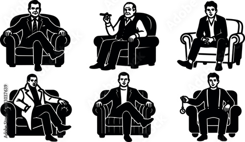 Retro noir vector art six seated gentlemen in armchairs various poses smoking holding pocket watch confident portraits low angle composition