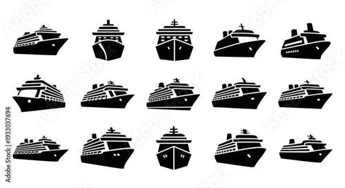 Collection of cruise ship silhouettes in various perspectives for travel and tourism designs.