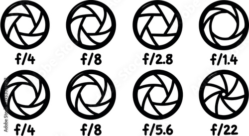 Flat design camera aperture icons showing multiple f stop values close up top view vector set for photography labelled black