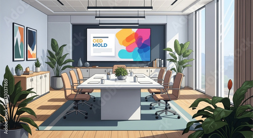 Modern conference room with large screen and meeting table.