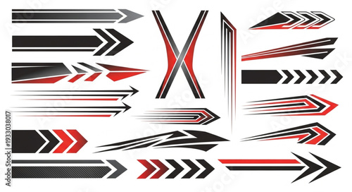 Collection of dynamic car decals with arrow and speed designs for vehicle customization.