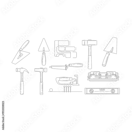 Set of line art construction and masonry tools
