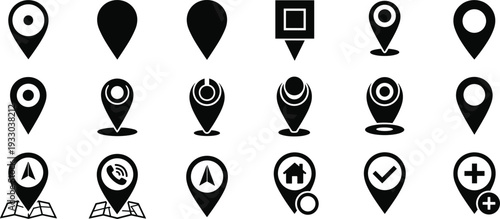 Black and white location pin icon set, navigation markers, GPS map symbols, travel direction pointers, home, medical, communication signs
