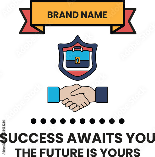 A white and black image of two hands shaking with a brand name