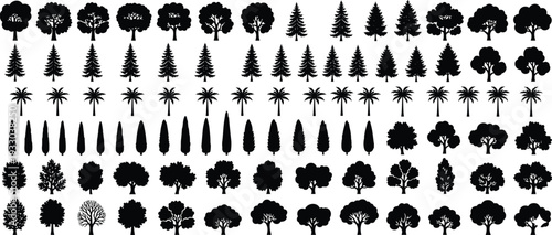 Large collection of black tree silhouette icons including palm pine and deciduous trees isolated on white background for landscape architecture and nature graphic design