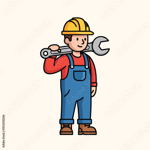 A cartoon construction worker with a yellow hardhat and blue overalls holds a large wrench over their shoulder. They are smiling