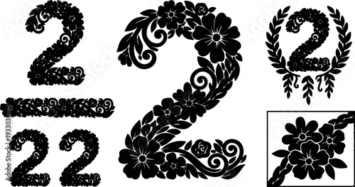 Ornamental floral vector number two with wreath corner and frame elements in black silhouette close up decorative swirls leaves large