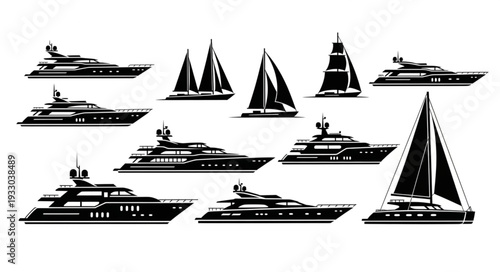 Collection of various luxury yachts and sailboats in black and white silhouette.