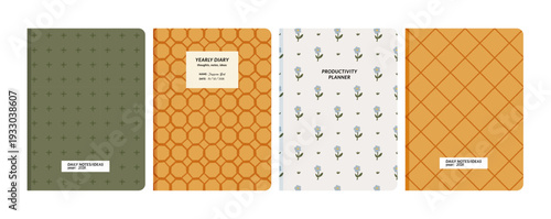 Set of four notebook cover designs with rustic countryside patterns, floral motifs, and geometric prints for planners. Stationery templates