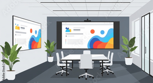 Modern conference room with large screens displaying presentations for meetings.