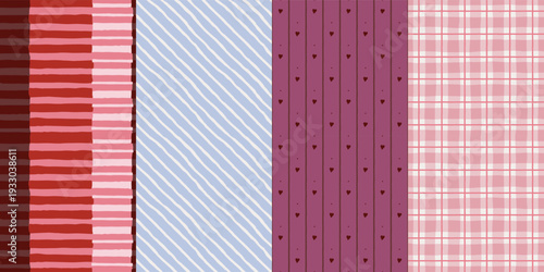 Set of seamless patterns for valentines day with hearts, stripes, and plaid in red, pink, and blue colors