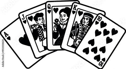 Line art close up fan of hearts playing cards showing ace jack queen king ten in hand bold vector illustration