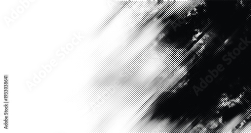 Abstract vector organic halftone transition texture on white background.High-contrast monochrome grunge graphic with diagonal flow .