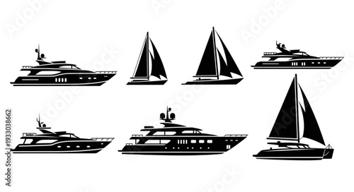 Collection of various black and white yacht and sailboat illustrations on a white background.
