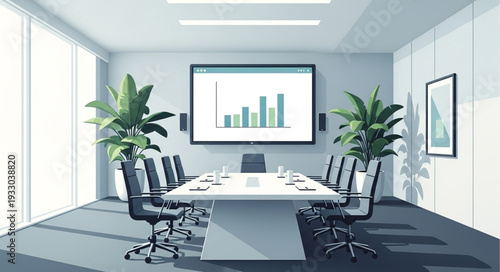 Modern conference room with a large screen displaying a business graph for presentations and meetings.