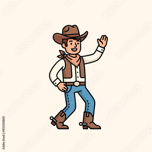 Wallpaper Mural A cartoon cowboy, clad in a brown hat and vest, jeans, boots, and neckerchief, waves with a joyful expression Torontodigital.ca