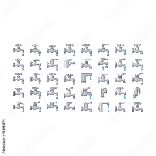 Numerous Dripping Water Faucet Taps Vector Line Art Icons Grid
