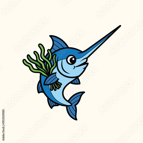 A cartoon depiction of a blue fish with a long, pointy snout, and seaweed clutched near its body. It's set against a creamy background