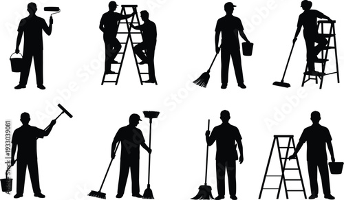 Silhouette Set of Professional Cleaning and Maintenance Workers with Ladders, Brooms, Mops and Paint Rollers Isolated on White Background Vector Illustration for Commercial Services