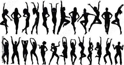 Dancing People Silhouette Collection with Dynamic Party Poses, Black Vector Set of Men and Women for Club Poster, Music Event Promotion and Celebration Design
